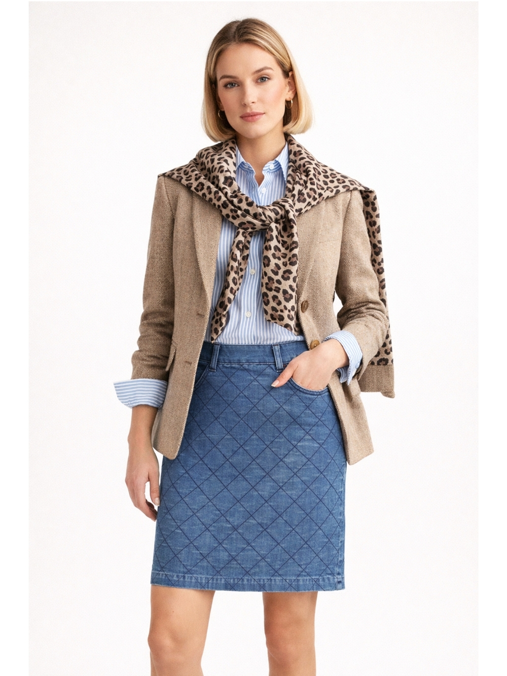 J.Crew Quilted Denim Pencil Skirt Sz 28 Blue Stretch Above Knee B0934‎ NWT